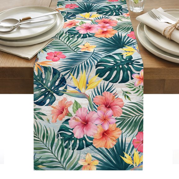 Spring Floral Table Runner Summer Botanical Palm Leaves Tropical Green Tablerunners 13 x 36 Inch, Table Decorations Tabletop Scarf for Summer Gathering Holiday Farmhouse Kitchen Dining Decor