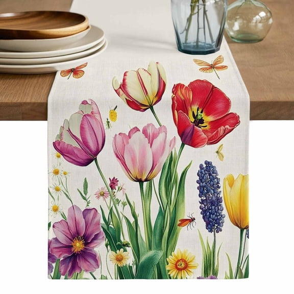 Spring Floral Table Runner, Summer Tulip Butterfly Elegant Botanical Washable Cotton Linen Table Runners 36 Inches Long, Dresser Scarf Runner for Nightstand/End Tables/Round Tables 13''x36''