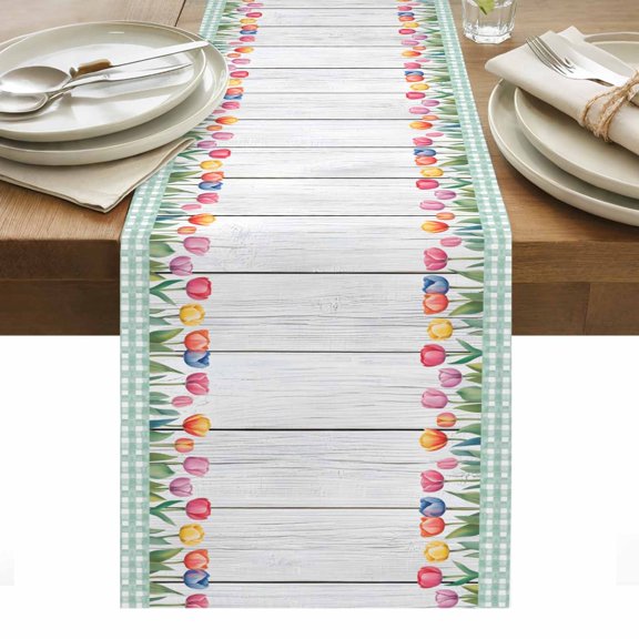 Spring Floral Table Runner, Watercolor Flowers Green Leave Green Plaid Frame Cotton Linen Table Cloth, Tablerunner for Kitchen Dining Party Wedding Home Decor 13x36 Inch