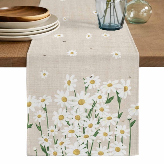 Spring Floral Table Runner, White Daisy Farmhouse Linen Texture Washable Cotton Linen Table Runners 90 Inches Long, Dresser Scarf Runner for Dining/Coffee/Kitchen/Hallway Tables 13''x90''