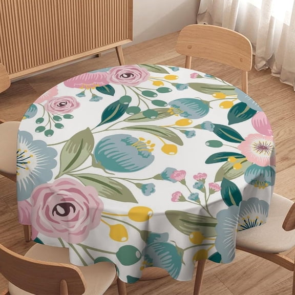 Spring Floral Tablecloth, Boho Blue Blossom Wildflowers Girly Light Blue Pink Flowers Colorful Summer Garden Table Cover for Party Picnic Dinner Decor 60x60in