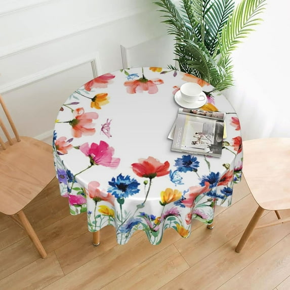 Spring Floral Tablecloth - Butterfly Round Table Cloth Print Polyester Washable Table Cover for Kitchen Dining Room/Wedding/Party 60 Inch