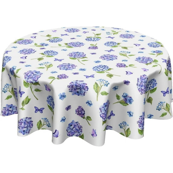Spring Floral Tablecloth Round 60 Inch Hydrangea Spring Floral Seasonal Purple Table Cloth Washable Spillproof Wrinkle Resistant Fabric Table Cover for Indoor Outdoor Kitchen Dinning