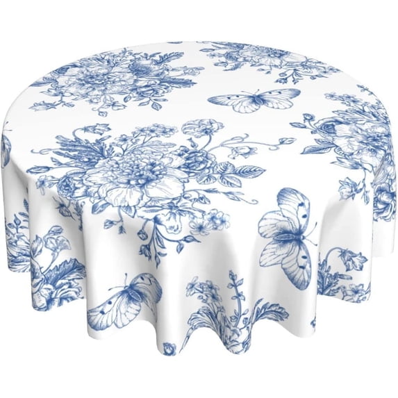 Spring Floral Tablecloth Round 60 Inch Ruitic Butterfly Table Cloth Waterproof Fabric Farmhouse Blue White Flower Tablecloths Decorative for Holiday Home Party Wedding Picnic