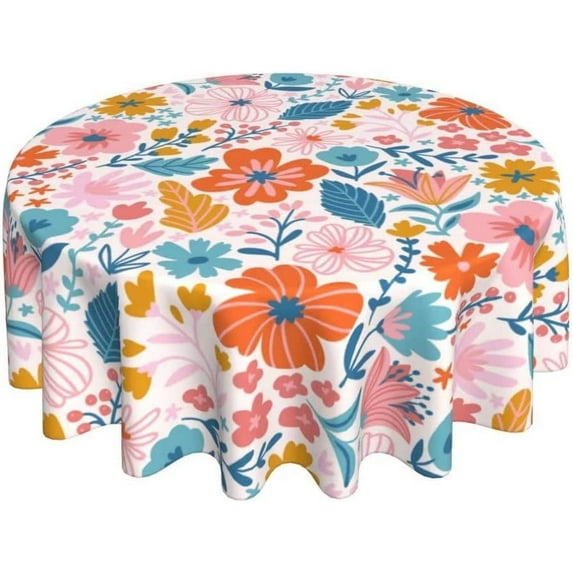 Spring Floral Tablecloth Round 60 Inch Summer Colorful Wildflower Table Cloths Rustic with Wrinkle Resistant for Holiday Room Indoor Outdoor Dining Decor