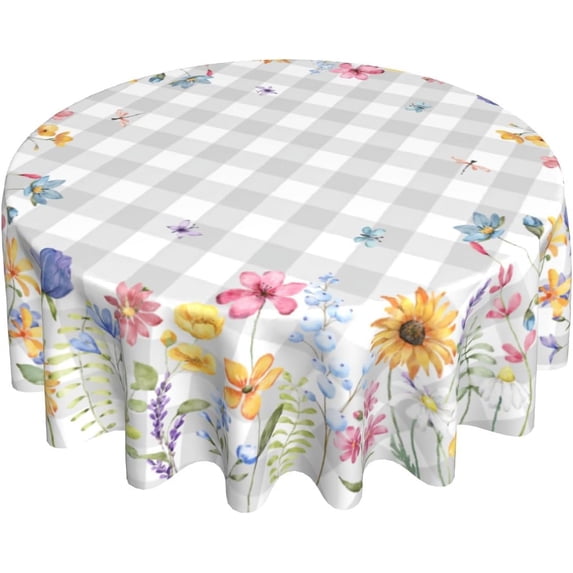 Spring Floral Tablecloth Round 60 Inch Watercolor Summer Flower Table Cover with Grey Buffalo Plaids Wildflower Butterfly Table Cloth Polyester Heat Resistance for Kitchen Dining Camping Decor