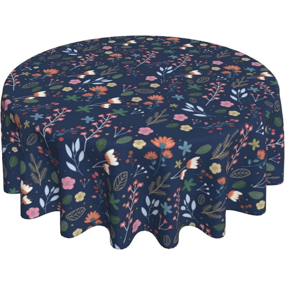 Spring Floral Tablecloth Round 60 Inches Farmhouse Navy Blue Background Wildflower Round Tablecloth Polyester Washable Table Cover Table Cloth for Kitchen Dining Room Picnic Patio Party