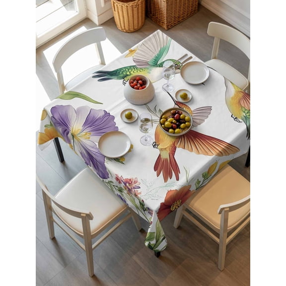 Spring Floral Tablecloth Square Table Cloth 54x54, Waterproof Tablecloth Outdoor Table Cloth, Birds Summer Botanical Flowers Pastoral Washable Table Cover for Kitchen Dinning Party
