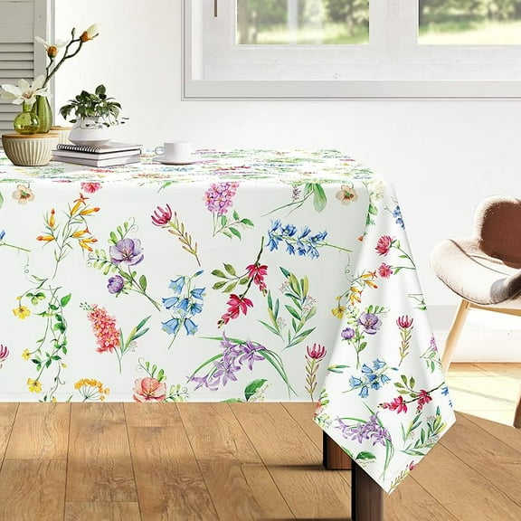 Spring Floral Tablecloth Waterproof, Wildflower Table Cloth Rectangle Stain Resistant, Washable Table Cover for Home Kitchen Dining Party Decoration (60×84 Inch)