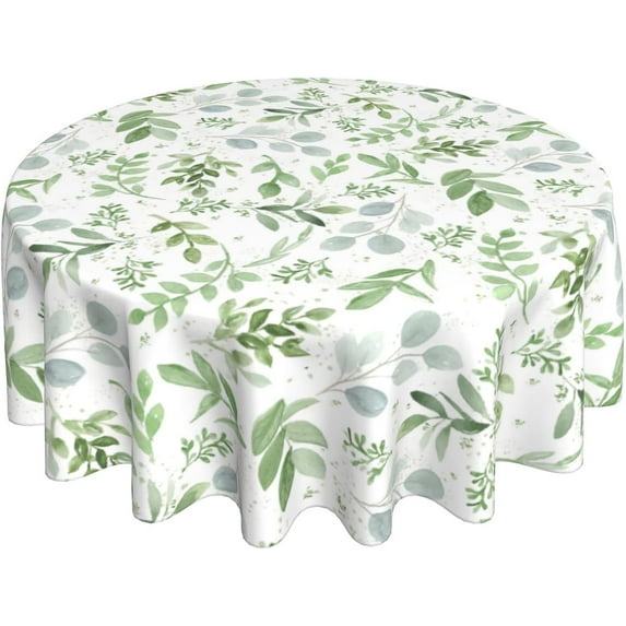 Spring Floral Teal Sage Green Tablecloth Round 60 Inch Watercolor Eucalyptus Leaf Round Table Cloth Wrinkle Resistant Washable Table Cover for Kitchen Dining Room Holiday Party Picnic Patio