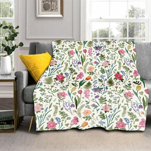 Spring Floral Throw Blanket 80"x60" Pink Sage Green Flower Vintage Botanical Print Blanket Lightweight Warm Soft Blanket Farmhouse Seasonal Holiday Themed Decor for Home Living Room Sofa Couch Bed