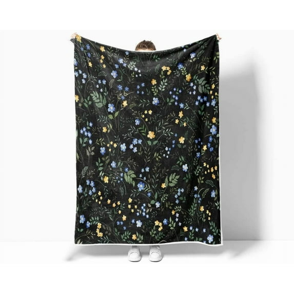 Spring Floral Throw Blanket, Black and Yellow Watercolor Floral Throw Blanket for Couch, Farmhouse FlowersSoft and Warm Throw Blanket for Women Girls, 60X80IN