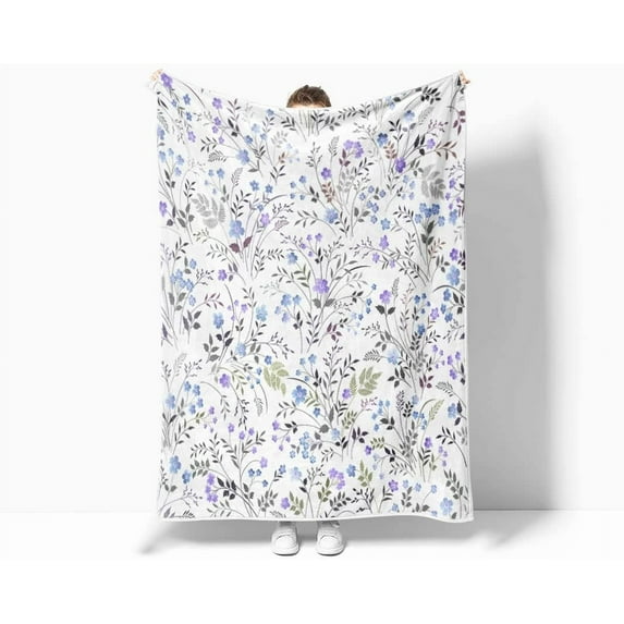 Spring Floral Throw Blanket, Purple and Blue Watercolor Floral Throw Blanket for Couch, Farmhouse FlowersSoft and Warm Throw Blanket for Women Girls, 60X70IN