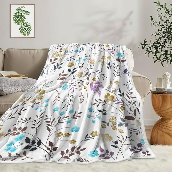 Spring Floral Throw - Blue & Yellow Watercolor Floral Blanket for Couch Sofa Camping, Farmhouse Cottagecore Flowers Bedding Decor, Soft Warm Flannel Throw for Women Girls, 50X60