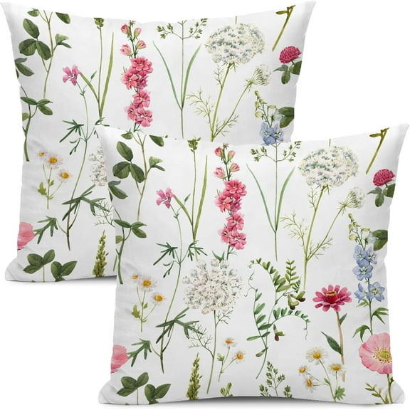 Spring Floral Throw Pillow Cover 18x18 inch, Pink Flower Sage Green Plant Pillow Case Nature Seasonal Outdoor Decorative Square Polyester Farmhouse Cushion Pillowcover for Home Sofa Bed Couch Set of 2