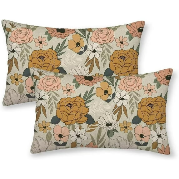 Spring Floral Throw Pillow Covers 12x20 Set of 2, Floral Decorative Outdoor Pillow Covers Rustic Modern Watercolor Flower Pillow Cases Linen for Couch Sofa Home Decor