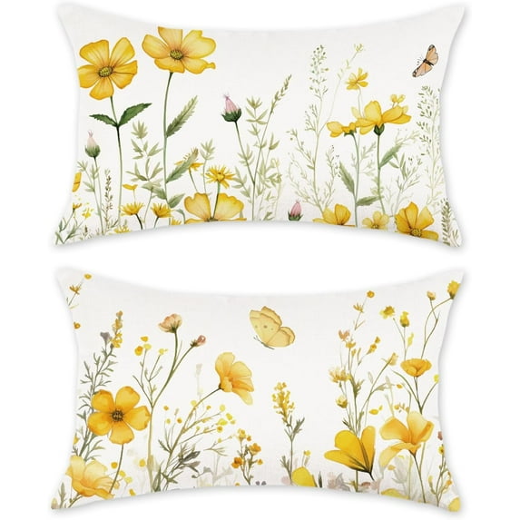 Spring Floral Throw Pillow Covers 12x20 Set of 2 Summer Flowers Outdoor Decor Lumbar Pillow Cases for Home Couch Decorations Yellow