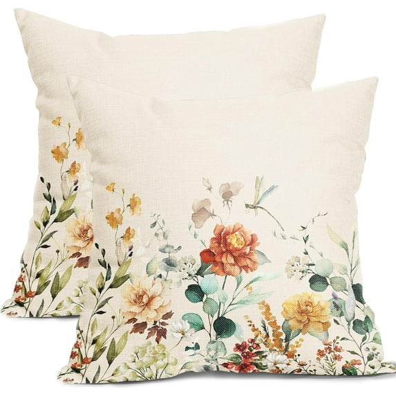 Spring Floral Throw Pillow Covers 16x16 Inch Set of 2 Wild Flowers Spring Summer Outdoor Decorative Pillow Covers Colorful Farmhouse Pillow Cases Cotton Linen Cushion Covers for Couch Bed Sofa Decor