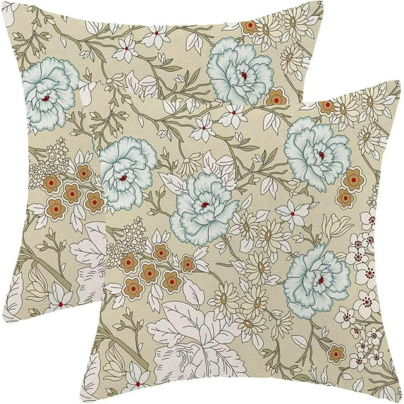 Spring Floral Throw Pillow Covers 16x16 Set of 2, Pattern on Brown Decorative Pillow Covers Daisy Flowers Print Linen Outdoor Cushion Cover Colourful Floral Pillowcase for Sofa Couch Farmhouse