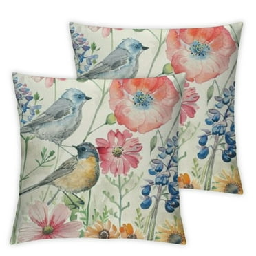 Spring Floral Throw Pillow Covers 18 x 18 Inch Garden Flowers Birds Decorative Pillows Polyester Outdoor Cushion Cases for Couch Sofa Bed Home Decor
