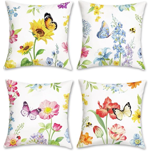 Spring Floral Throw Pillow Covers 18 x 18 Inch Garden Flowers Butterflies Decorative Pillow Cases for Couch Sofa Bed Home Patio Decor Set of 4