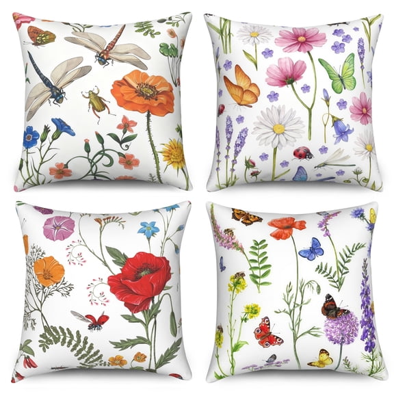 Spring Floral Throw Pillow Covers 18x18 Set of 4,Wildflowers Plants Butterfly Decorative Pillow Cases for Bedroom Sofa Couch