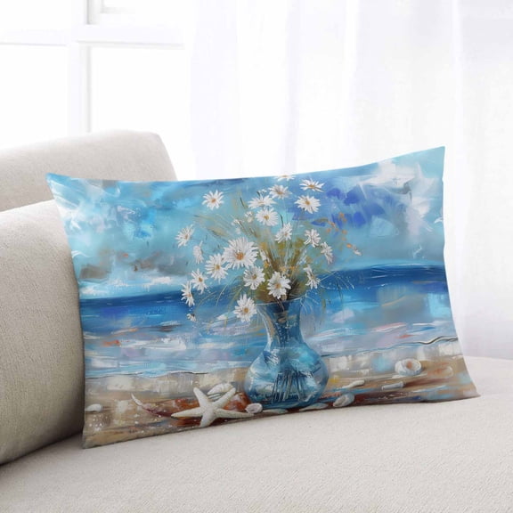 Spring Floral Throw Pillow Covers, Coastal Blue Oil Painting Botanical Daisy Soft Breathable Pillow Cases with Zipper for Sleeping, Queen Size Pillowcases for Couch Bed Sofa Chair 20x30 Inches