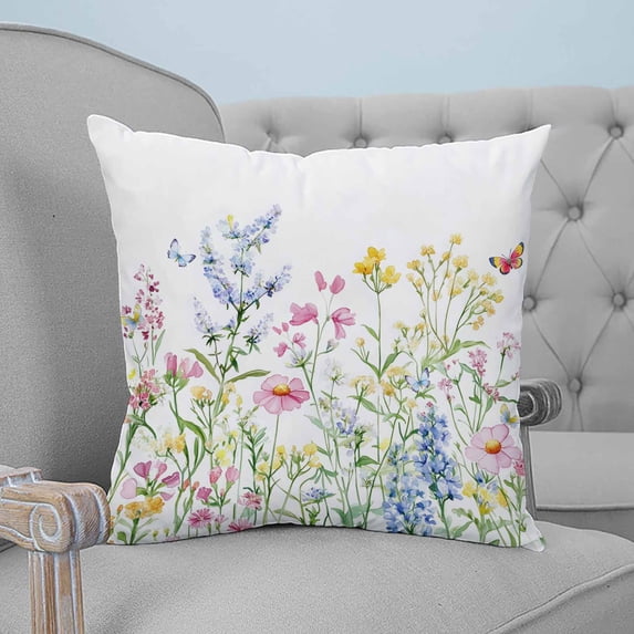 Spring Floral Throw Pillow Covers, Soft Pillowcases with Invisible Zipper, Colorful Watercolor Botanical Summer Decorative Square Pillow Cushion Covers for Living Room Couch Sofa Bed 16x16 Inches
