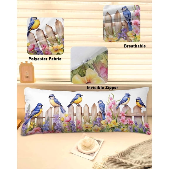 Spring Floral Throw Pillow Covers, Summer Birds Botanical Fence Soft Breathable Pillow Cases with Invisible Zipper for Sleeping, Long Body Pillowcases for Couch Bed Sofa Chair 20x54 Inches