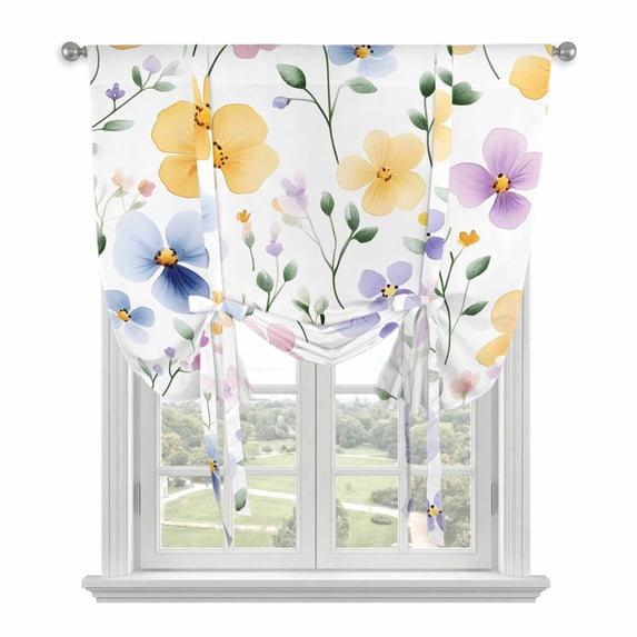 Spring Floral Tie Up Curtain 45 Inches Long, Watercolor Pink Purple Yellow Flowers Romantic Farmhouse Balloon Style Kitchen Window Curtain Over Sink, Small Window Rod Pocket Curtain 34"x45"