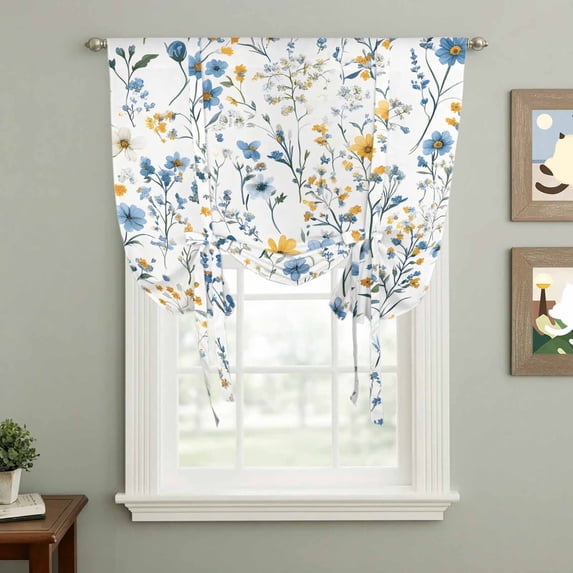 Spring Floral Tie Up Curtain 63 Inches Long, Blue Yellow Wildflower Leaves Balloon Style Kitchen Window Curtain Over Sink, Small Window Rod Pocket Curtain 46"x63"