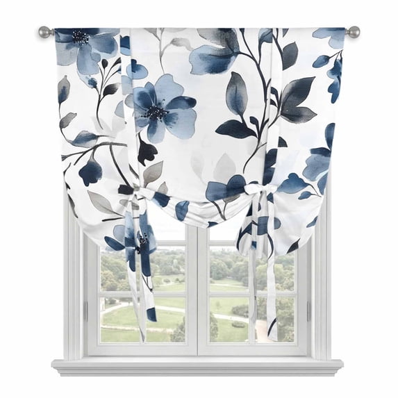 Spring Floral Tie Up Curtain 63 Inches Long, Dark Blue Flower Green Leaf Watercolor Farmhouse Balloon Style Kitchen Window Curtain Over Sink, Small Window Rod Pocket Curtain 46"x63"