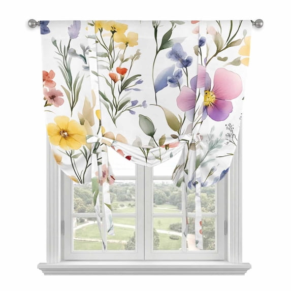 Spring Floral Tie Up Curtain 63 Inches Long, Romantic Gradient Blue Red Yellow Flowers Farmhouse Balloon Style Kitchen Window Curtain Over Sink, Small Window Rod Pocket Curtain 42"x63"
