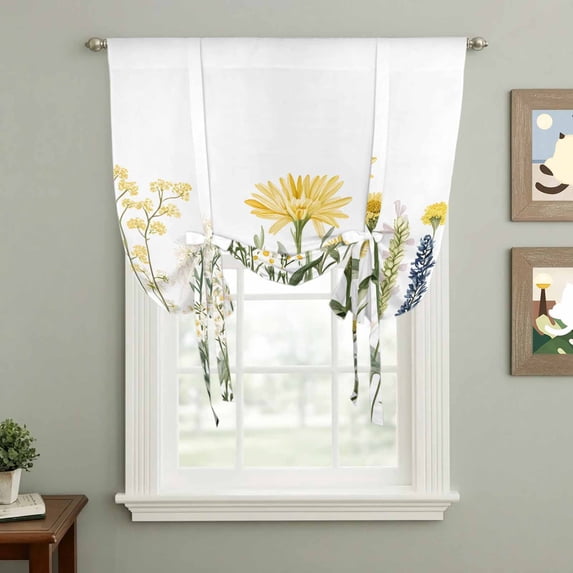 Spring Floral Tie Up Curtain 63 Inches Long, Rustic White Yellow Blue Flowers Farmhouse Vintage Balloon Style Kitchen Window Curtain Over Sink, Small Window Rod Pocket Curtain 52"x63"