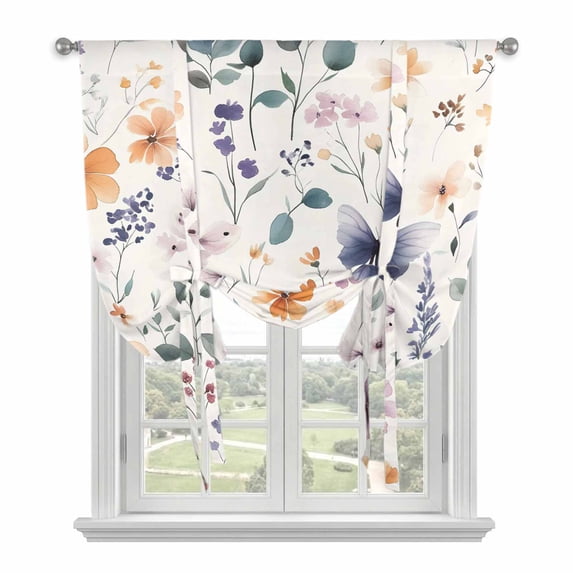 Spring Floral Tie Up Curtain 63 Inches Long, Watercolor Flower Fantasy Butterfly Farmhouse Balloon Style Kitchen Window Curtain Over Sink, Small Window Rod Pocket Curtain 52"x63"
