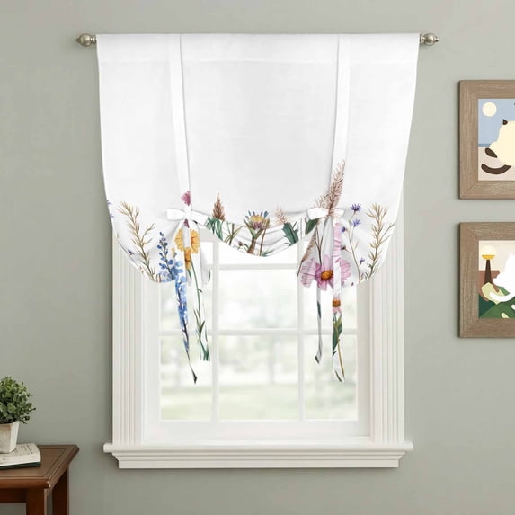 Spring Floral Tie Up Curtain 63 Inches Long, Watercolor Flowers Green Leaf Farmhouse Field Balloon Style Kitchen Window Curtain Over Sink, Small Window Rod Pocket Curtain 42"x63"
