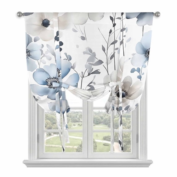 Spring Floral Tie Up Curtain 63 Inches Long, Watercolor Grey Blue Flower Retro Balloon Style Kitchen Window Curtain Over Sink, Small Window Rod Pocket Curtain 46"x63"