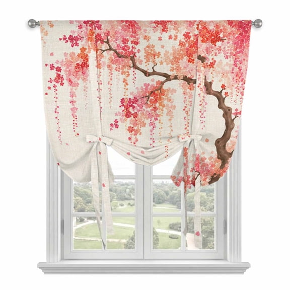Spring Floral Tie Up Curtains 45 Inches Long, Kitchen Window Curtains Over Sink, Pink Weeping Cherry Blossom Branches Beige Small Window Curtains Balloon Curtains Valances for Bedroom/Cafe 34"x45"