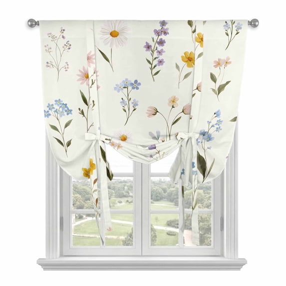 Spring Floral Tie Up Curtains 45 Inches Long, Kitchen Window Curtains Over Sink, Watercolor Summer Elegant Botanical Small Window Curtains Shade Balloon Curtains Valances for Bedroom/Cafe 34"x45"