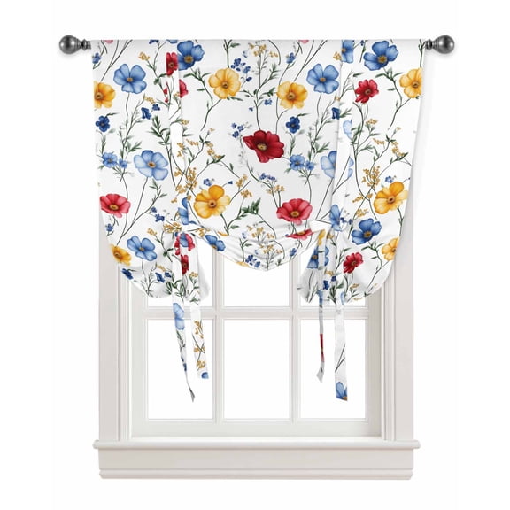 Spring Floral Tie Up Curtains for Window, Elegant Watercolor Botanical Flower Thermal Insulted Balloon Shade Adjustable Rod Pocket Curtains Valance Panels for Kitchen Bathroom Café 34 x 45