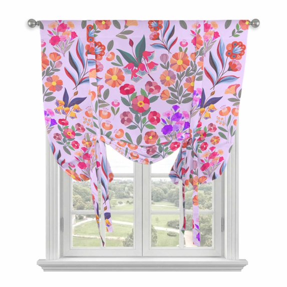 Spring Floral Tie Up Curtains for Windows, Adjustable Balloon Window Shades, Retro Watercolor Flowers Leaves Plants Purple Kitchen Window Treatments Farmhouse Short Curtains with Rod Pocket 42"x45"