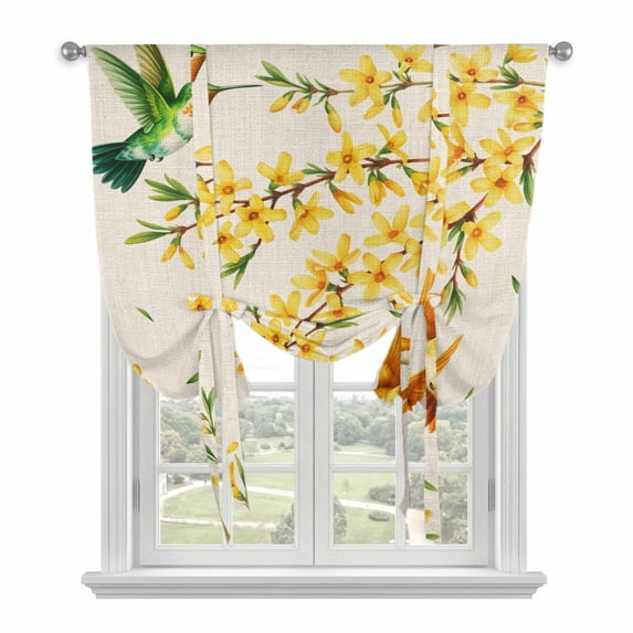 Spring Floral Tie Up Curtains for Windows, Balloon Window Shades, Watercolor Forsythia Flowers Hummingbirds Beige Kitchen Window Treatments Roll Up Curtain for Basement/Nursery 52"x45"