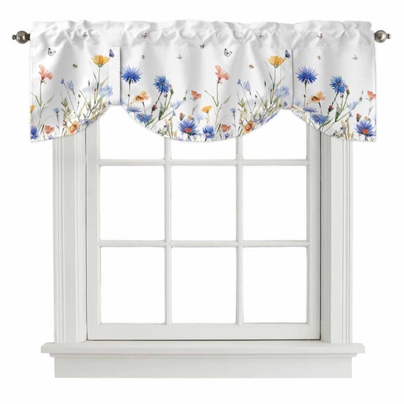 Spring Floral Tie Up Valance Curtains for Windows, Kitchen Curtains Window Shades, Elegant Butterfly Summer Botanical Light Filtering Roman Curtain Valances for Bedroom/Bathroom/Cafe 42"x12"