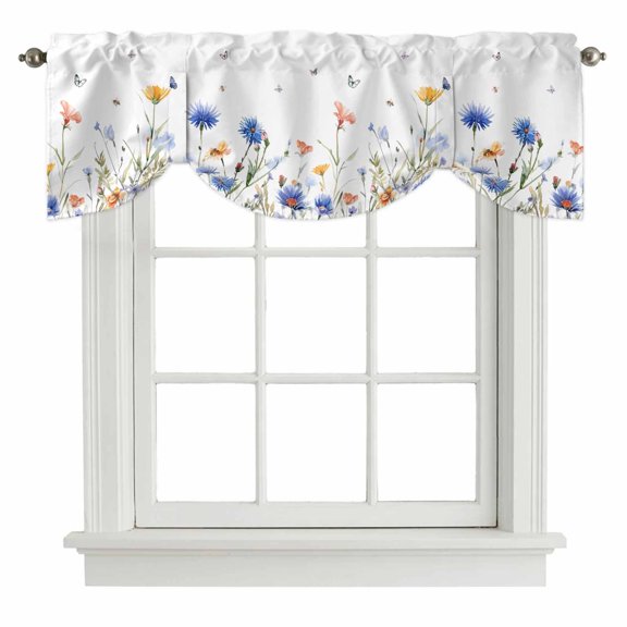 Spring Floral Tie Up Valance Curtains for Windows, Kitchen Curtains Window Shades, Elegant Butterfly Summer Botanical Light Filtering Roman Curtain Valances for Bedroom/Bathroom/Cafe 42"x18"