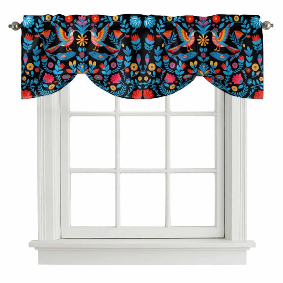Spring Floral Tie Up Valance Curtains for Windows, Kitchen Curtains Window Shades, Modern Abstract Art Birds Light Filtering Roman Curtain Valances for Bedroom/Bathroom/Cafe 42"x12"