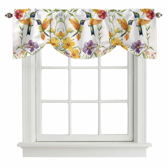 Spring Floral Tie Up Valance Curtains for Windows, Kitchen Curtains Window Shades, Summer Botanical Birds Colorful Light Filtering Roman Curtain Valances for Bedroom/Bathroom/Cafe 42"x12"