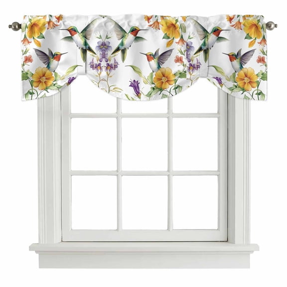 Spring Floral Tie Up Valance Curtains for Windows, Kitchen Curtains Window Shades, Summer Botanical Birds Vintage Light Filtering Roman Curtain Valances for Bedroom/Bathroom/Cafe 42"x12"
