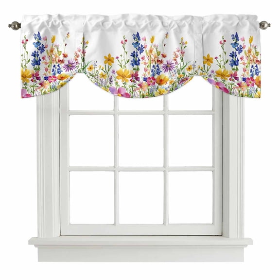 Spring Floral Tie Up Valance Curtains for Windows, Kitchen Curtains Window Shades, Summer Watercolor Botanical Colorful Light Filtering Roman Curtain Valances for Bedroom/Bathroom/Cafe 42"x18"