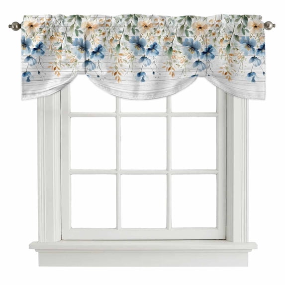 Spring Floral Tie Up Valance Curtains for Windows, Kitchen Curtains Window Shades, Weeping Blue Botanical Summer Vintage Light Filtering Roman Curtain Valances for Bedroom/Bathroom/Cafe 42"x18"