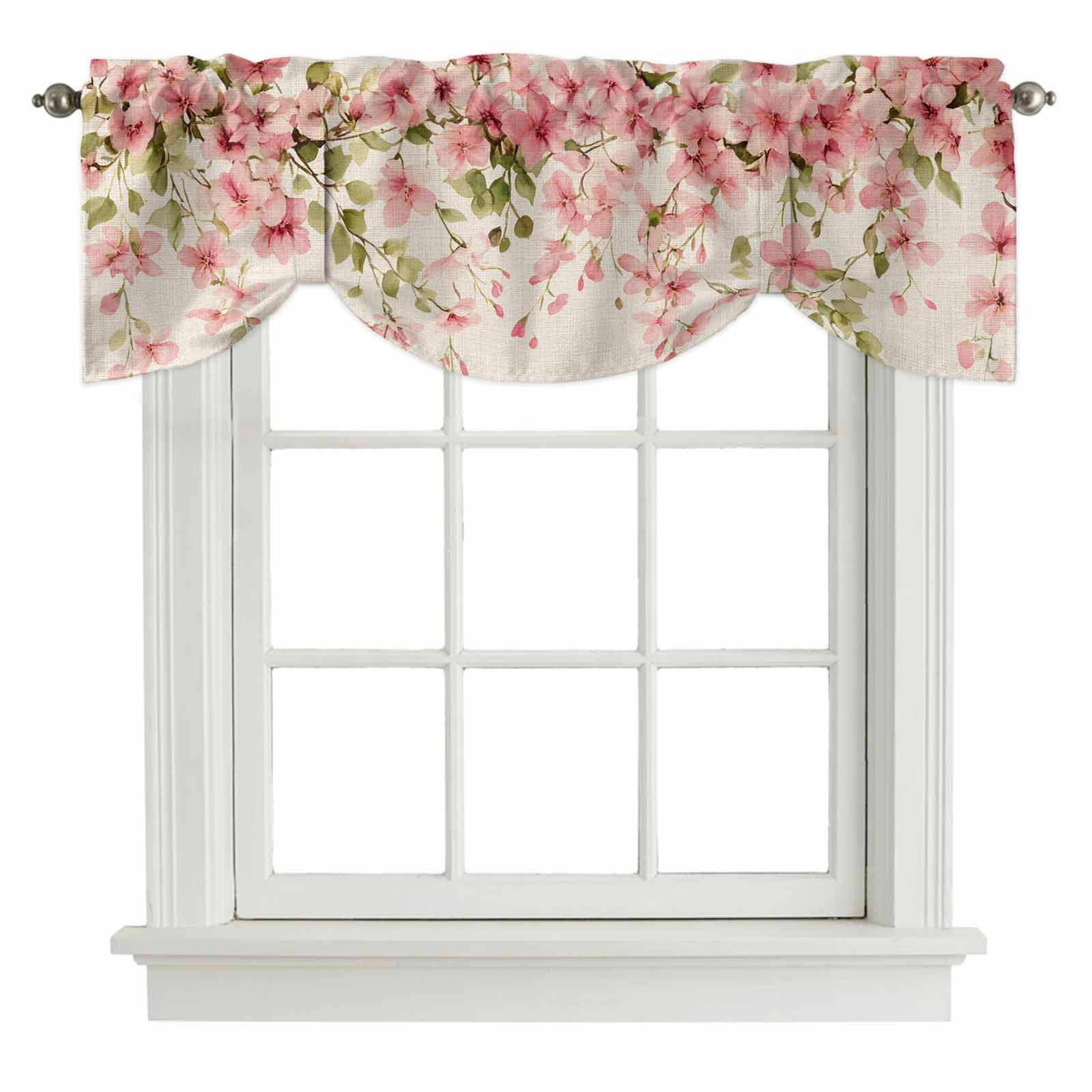 Spring Floral Tie Up Valance for Windows, Pink Flowers Green Leaves Linen Texture Adjustable Rod Pocket Tie Up Valance Curtains Window Treatment for Kitchen Bathroom Bedroom 60 X 18 Inch